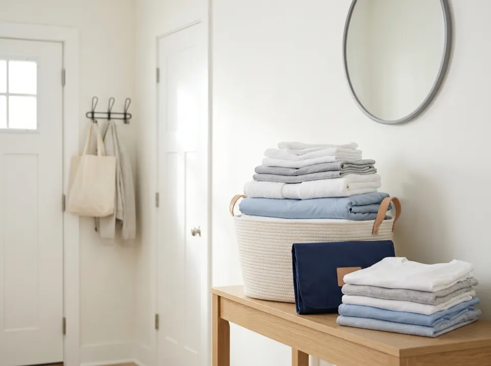 A basket of neatly folded towels and linens on an entryway table, ready to be put away