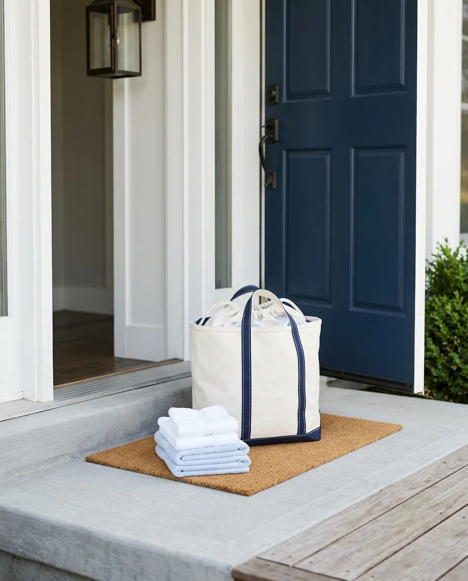 Laundry bag and folded clothes ready for doorstep pickup